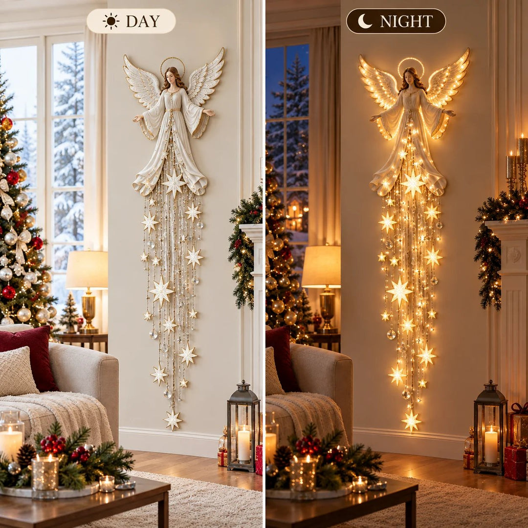 Angel Christmas Wall Light with Halo and Falling Stars, Warm White