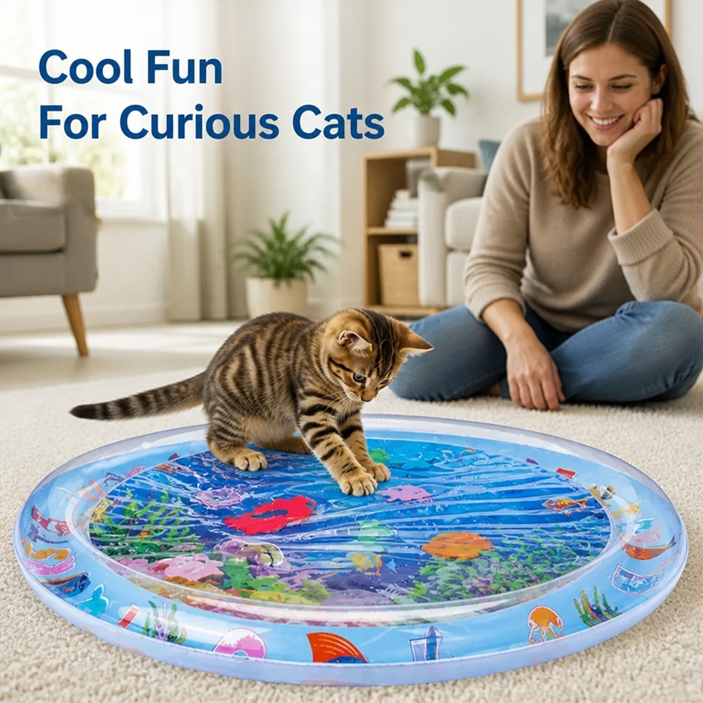 Cat water play mat with swimming fish - BPA-free silicone cooling mat