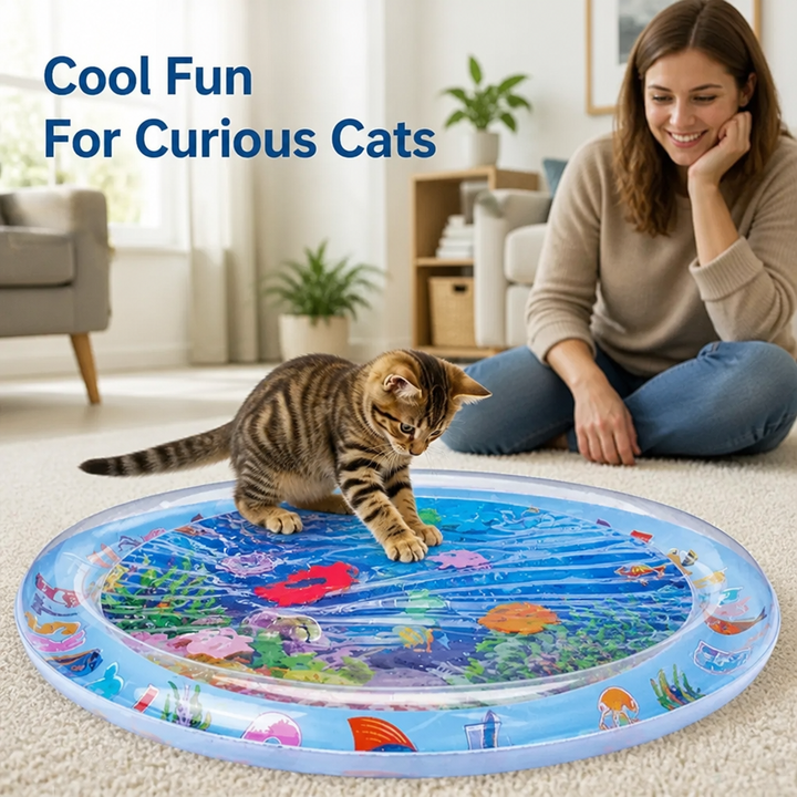 Cat water play mat with swimming fish - BPA-free silicone cooling mat