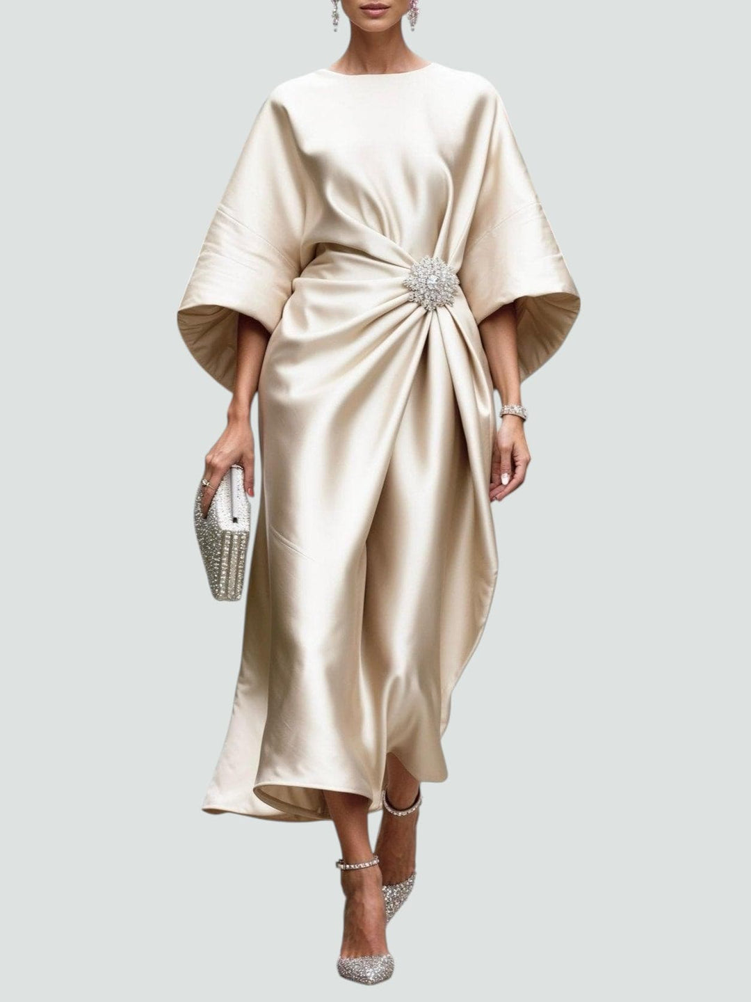 Women's Maxi Dress with Draped Brooch – Gala Dress with Cape Sleeves for Formal Occasions