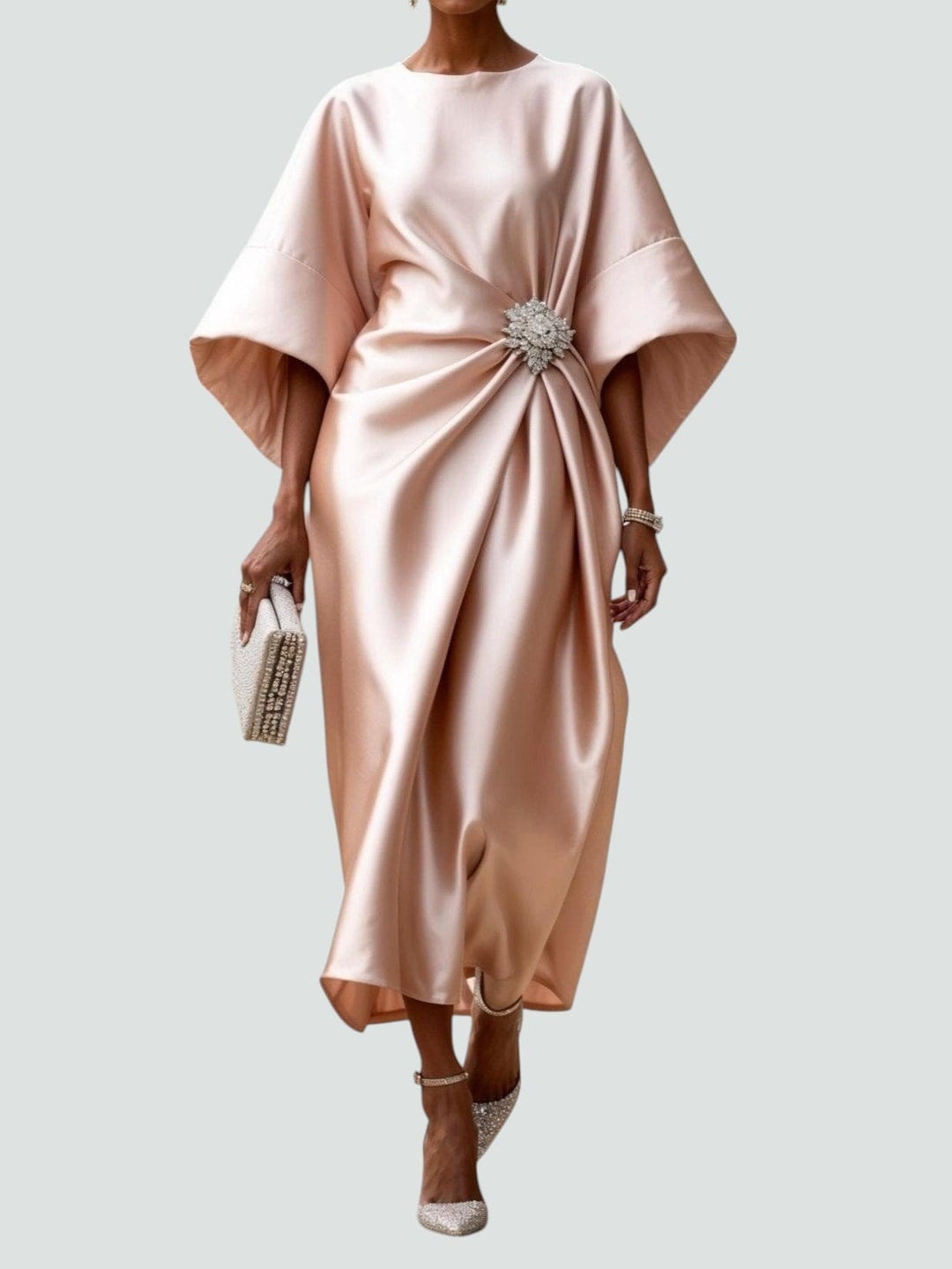 Women's Maxi Dress with Draped Brooch – Evening Dress with Cape Sleeves for Formal Occasions