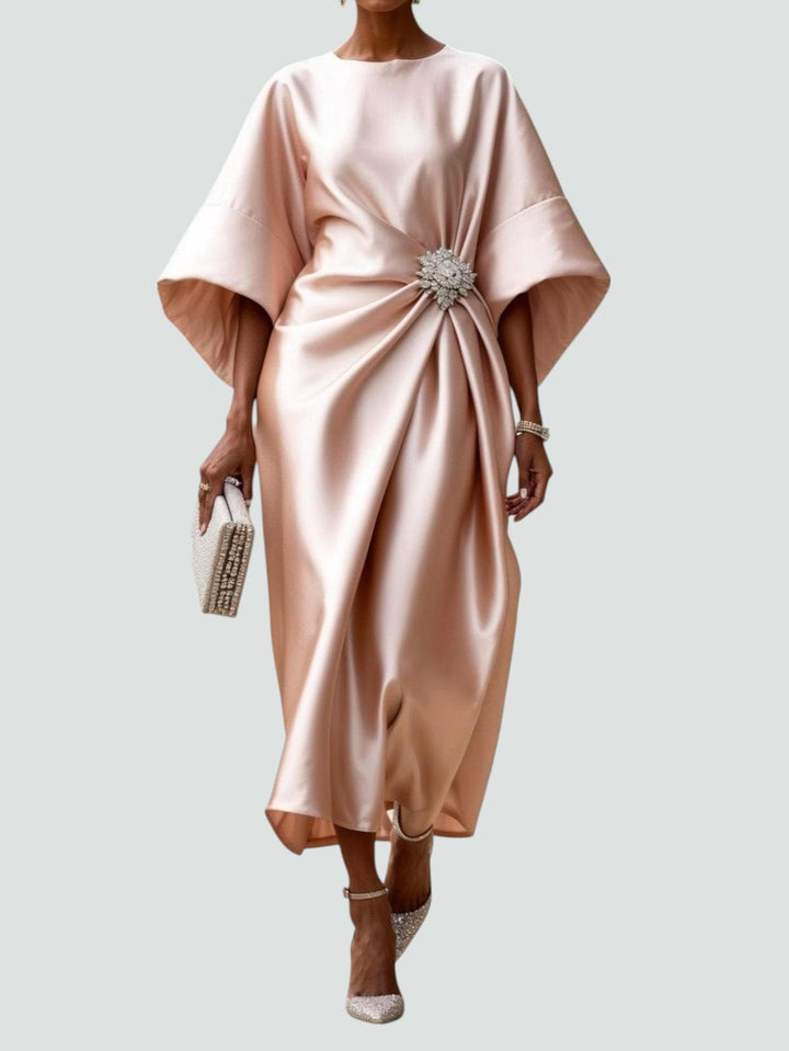 Women's Maxi Dress with Draped Brooch – Evening Dress with Cape Sleeves for Formal Occasions