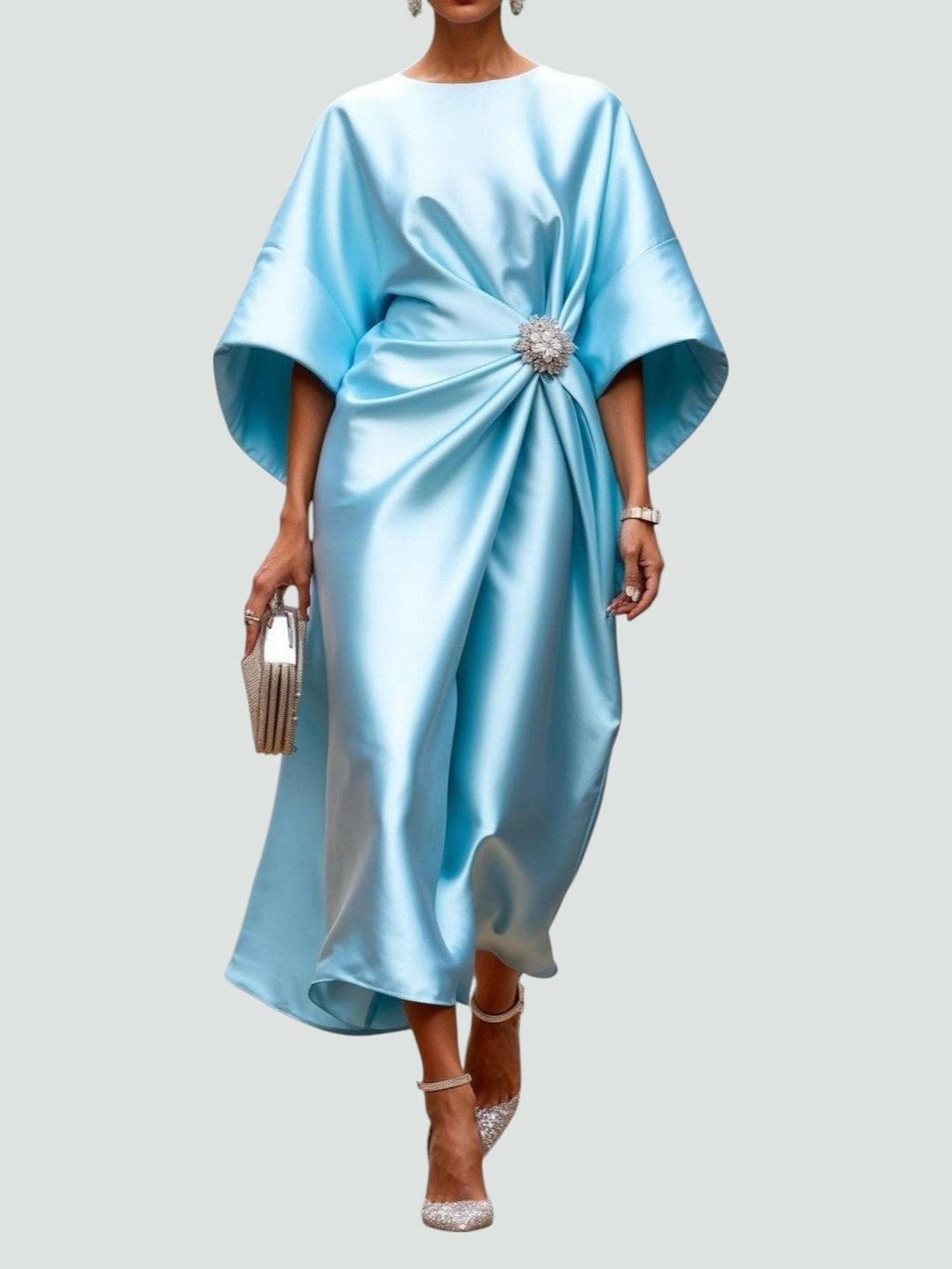 Women's Maxi Dress with Draped Brooch – Gala Dress with Cape Sleeves for Formal Occasions