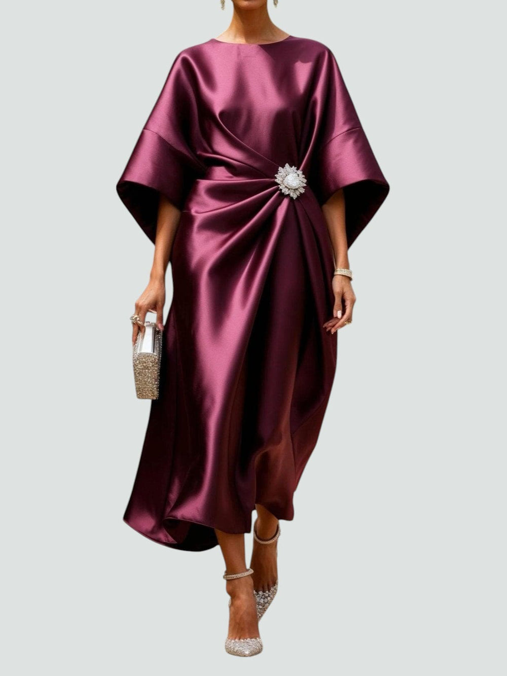 Women's Maxi Dress with Draped Brooch – Gala Dress with Cape Sleeves for Formal Occasions