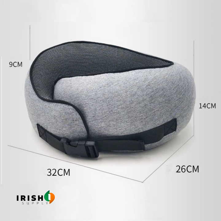 Front-support neck travel pillow with memory foam and fastener for sleeping on a plane