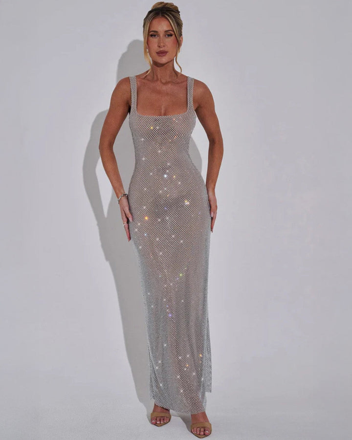 Rhinestone Maxi Dress with Square Neckline – Figure-Hugging Evening Dress