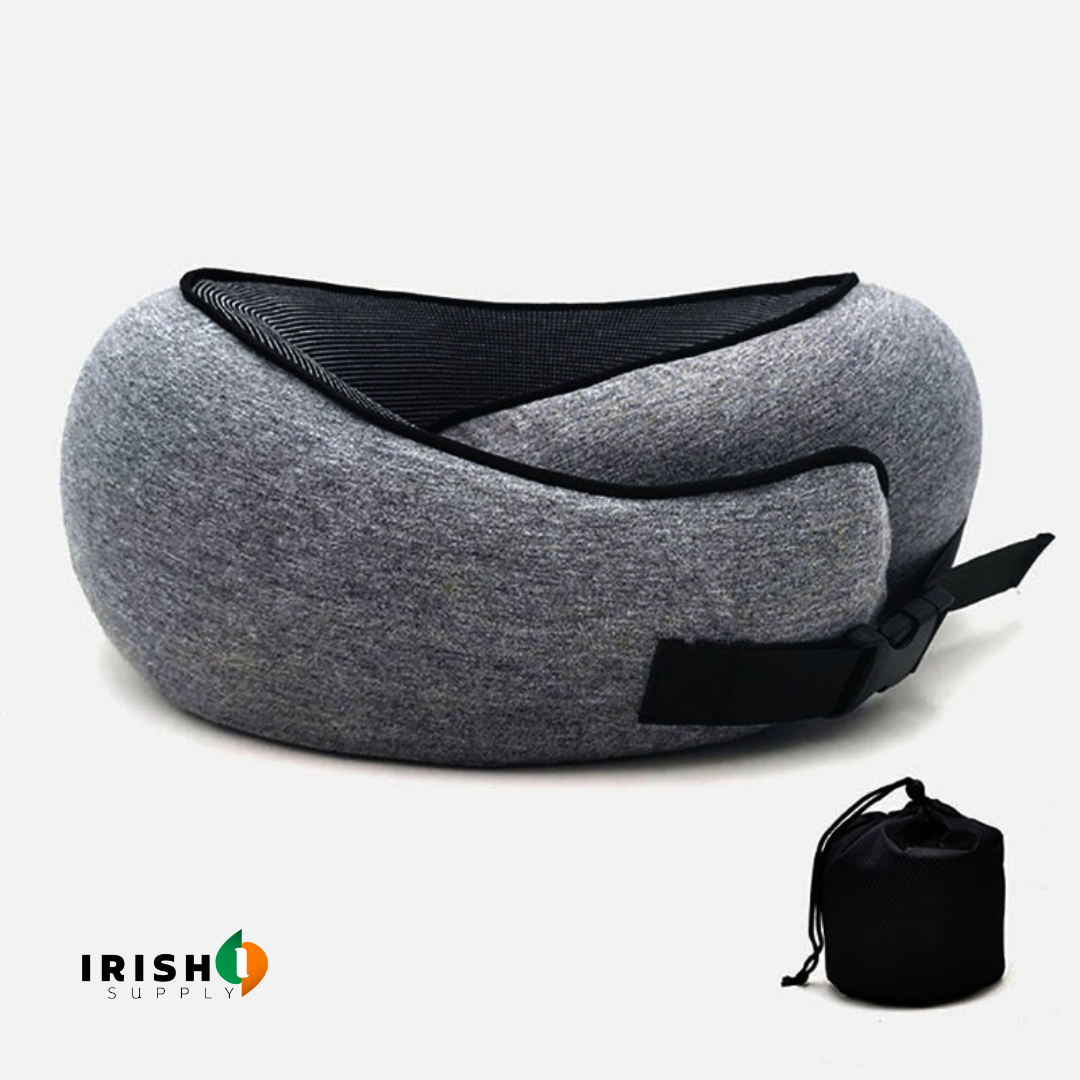 Front-support neck travel pillow with memory foam and fastener for sleeping on a plane