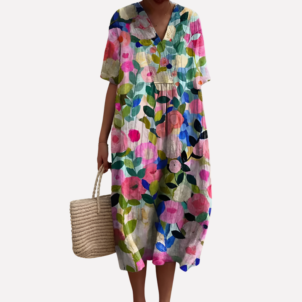 Women’s Floral Summer Dress – V‑Neck and Short Sleeves