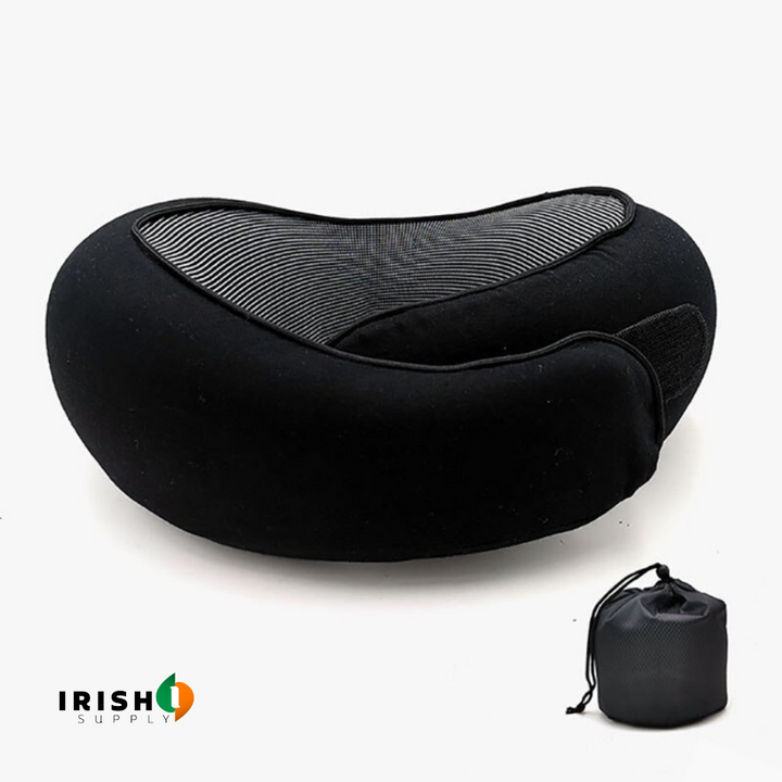 Front-support neck travel pillow with memory foam and fastener for sleeping on a plane