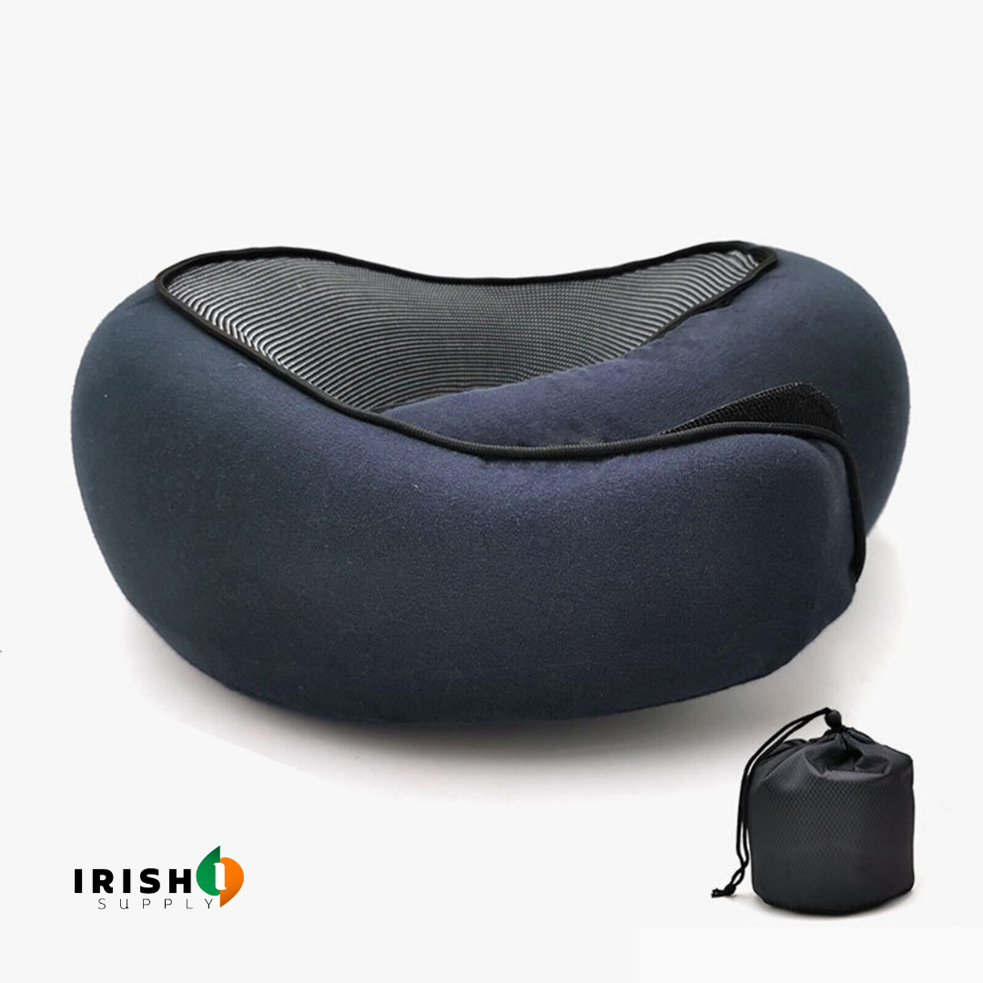 Front-support neck travel pillow with memory foam and fastener for sleeping on a plane