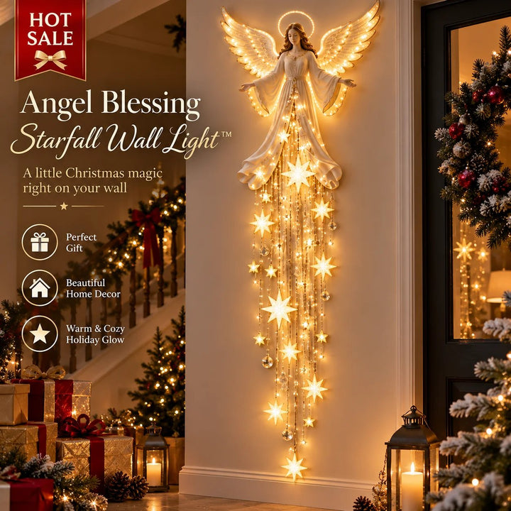 Angel Christmas Wall Light with Halo and Falling Stars, Warm White