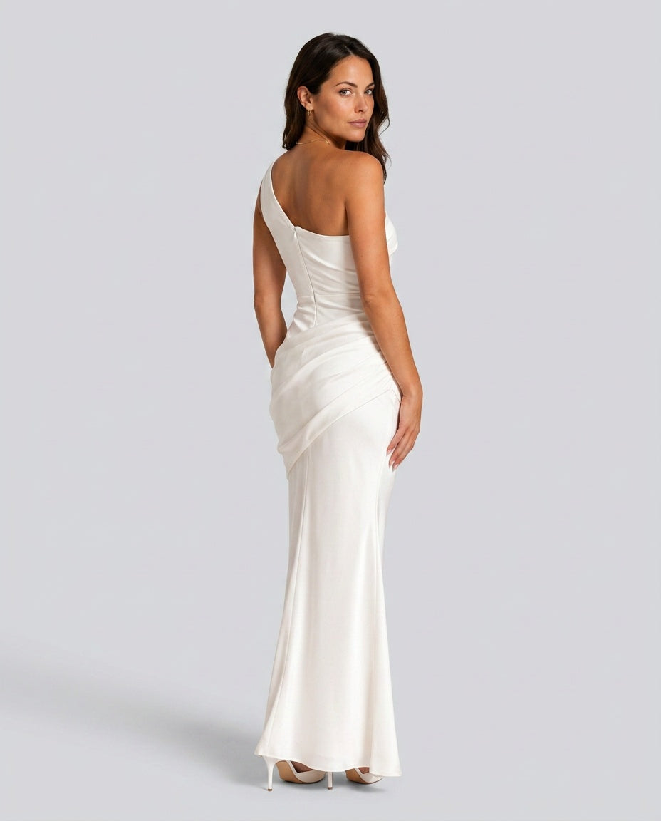 One-shoulder draped satin maxi dress