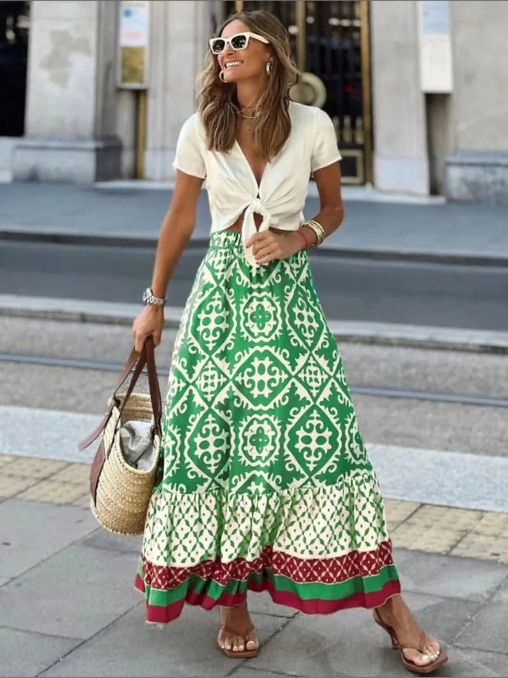 Elegant Long Floral Skirt with Elastic Waist