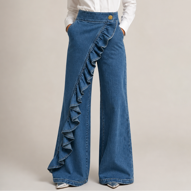 Women's Wide Denim Trousers with Asymmetric Ruffle, Culotte Style
