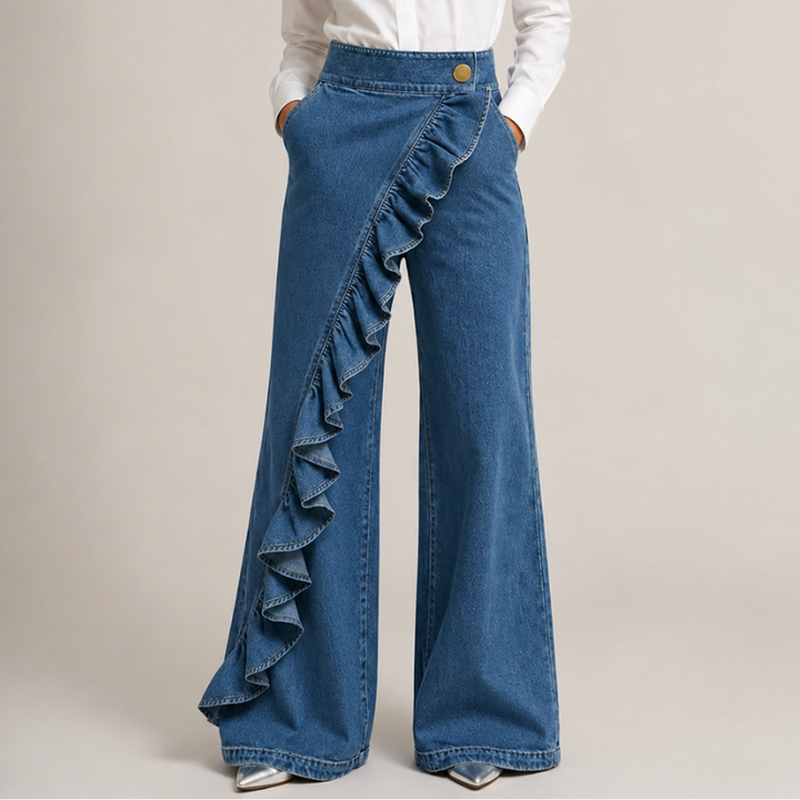 Women's Wide Denim Trousers with Asymmetric Ruffle, Culotte Style