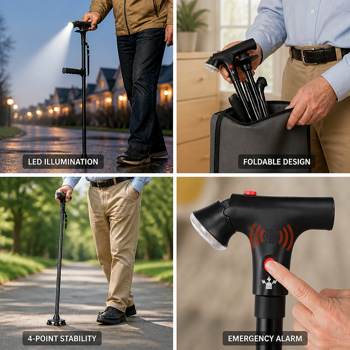 Lightweight Folding Aluminium Walking Stick with 4-Point Base, LED Light and Alarm