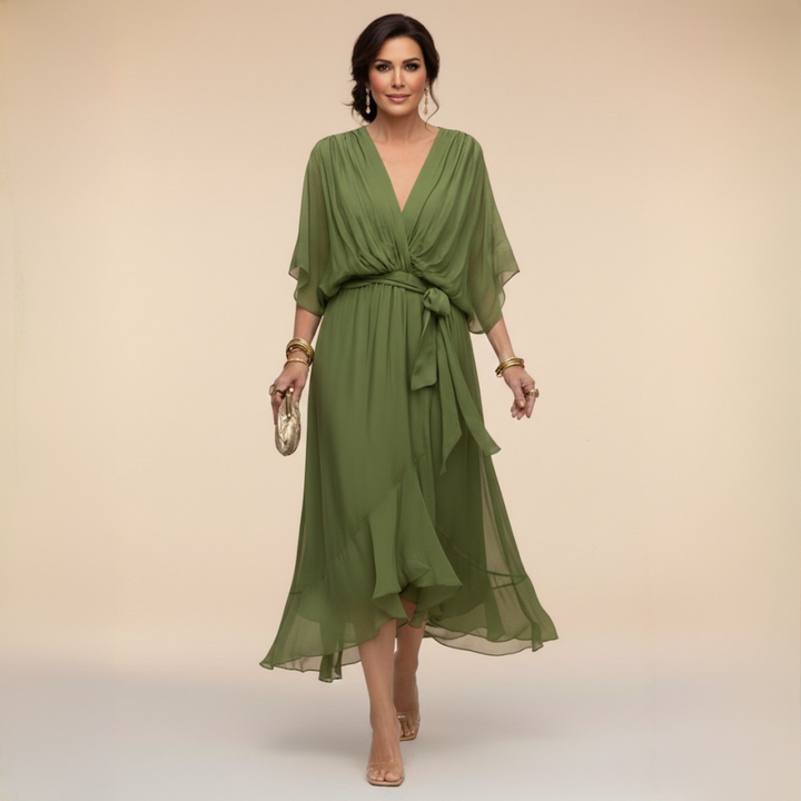 Elegant, flowing women's midi dress – V-neck & adjustable waist