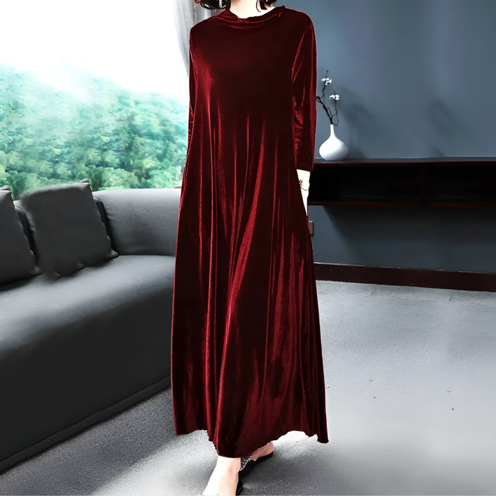 Women’s Velvet Wine-Red Long-Sleeve Dress