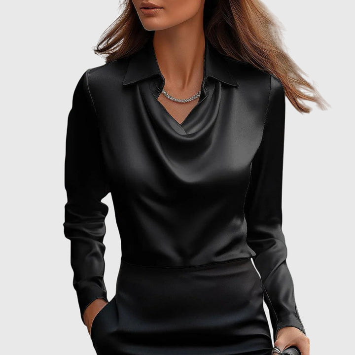 Women's satin blouse with waterfall neckline - long-sleeved collared top for work and evenings