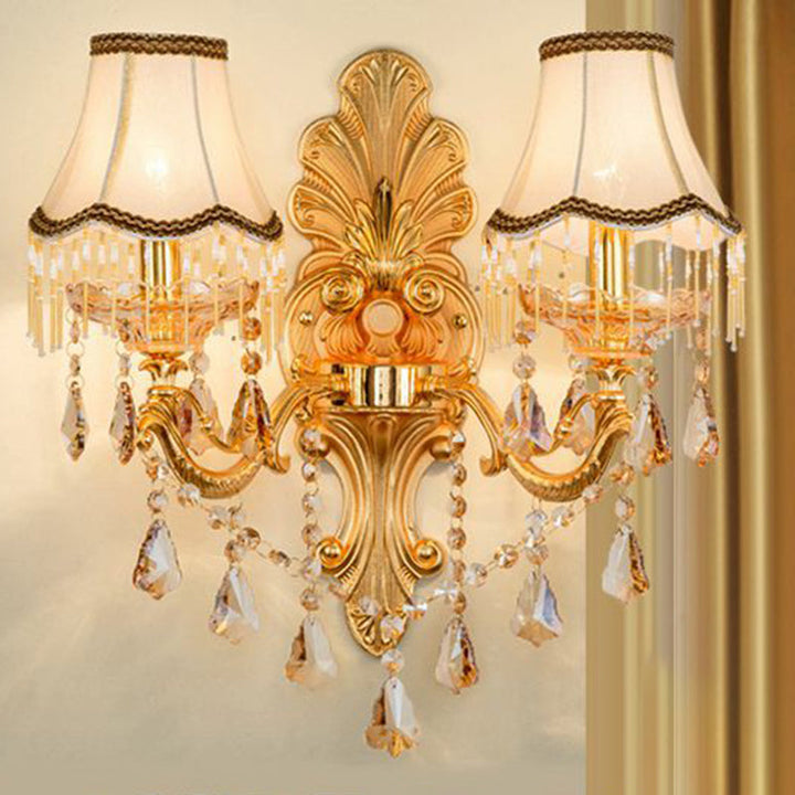 Victorian Metal Wall Lamp with Shade and Crystal Decorations