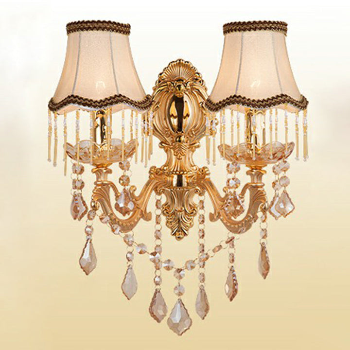 Victorian Metal Wall Lamp with Shade and Crystal Decorations