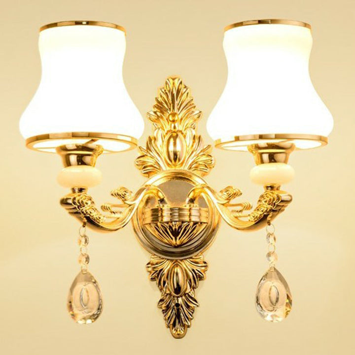 Victorian Metal Wall Lamp with Shade and Crystal Decorations