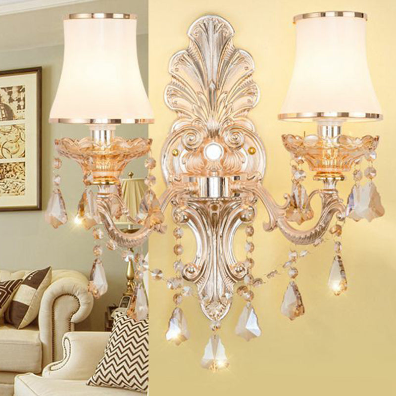 Victorian Metal Wall Lamp with Shade and Crystal Decorations