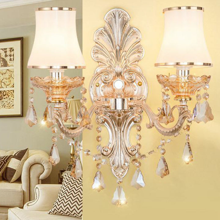 Victorian Metal Wall Lamp with Shade and Crystal Decorations