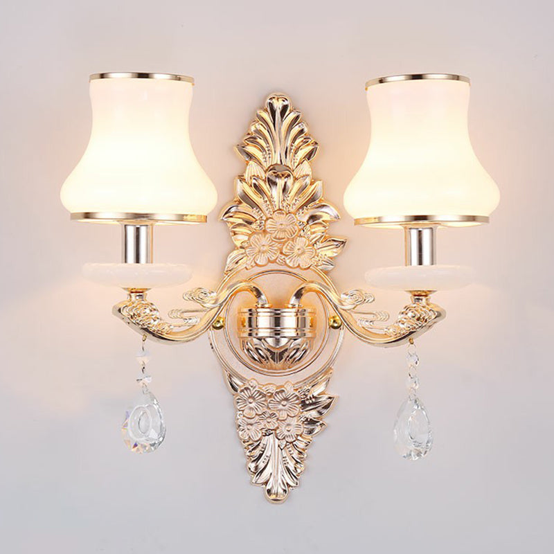 Victorian Metal Wall Lamp with Shade and Crystal Decorations