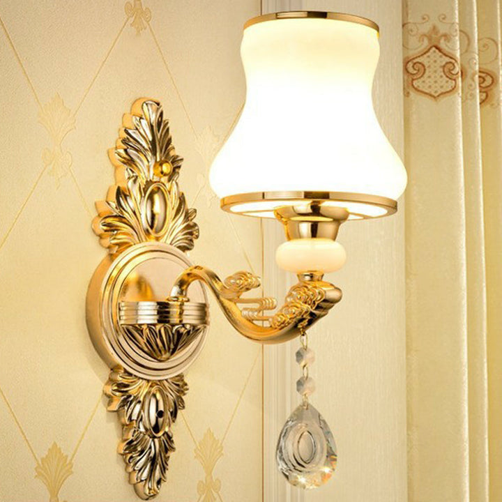 Victorian Metal Wall Lamp with Shade and Crystal Decorations