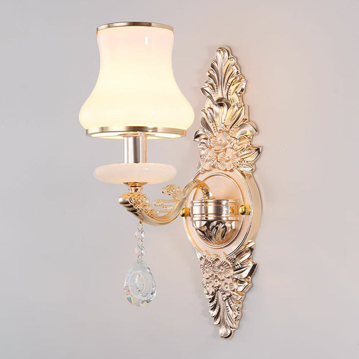 Victorian Metal Wall Lamp with Shade and Crystal Decorations