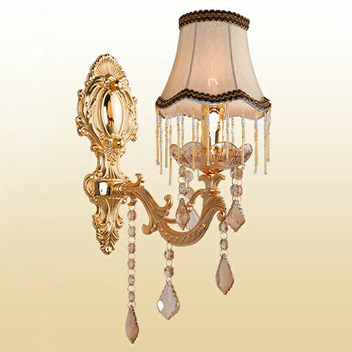 Victorian Metal Wall Lamp with Shade and Crystal Decorations