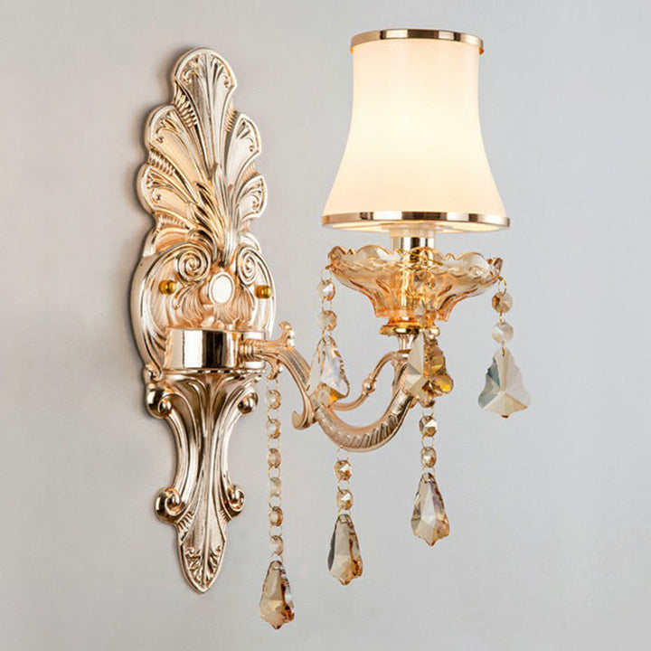 Victorian Metal Wall Lamp with Shade and Crystal Decorations