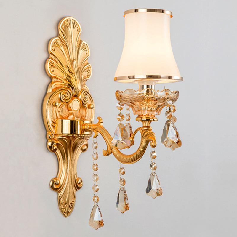 Victorian Metal Wall Lamp with Shade and Crystal Decorations