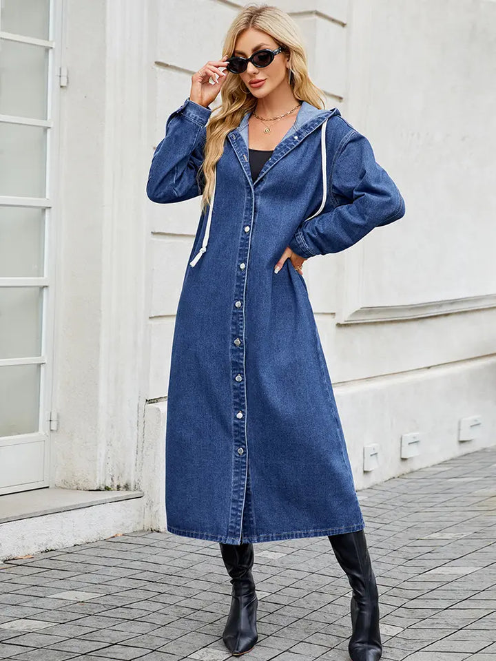 Women Long Denim Trench Coat Blue Denim | Sophia-5