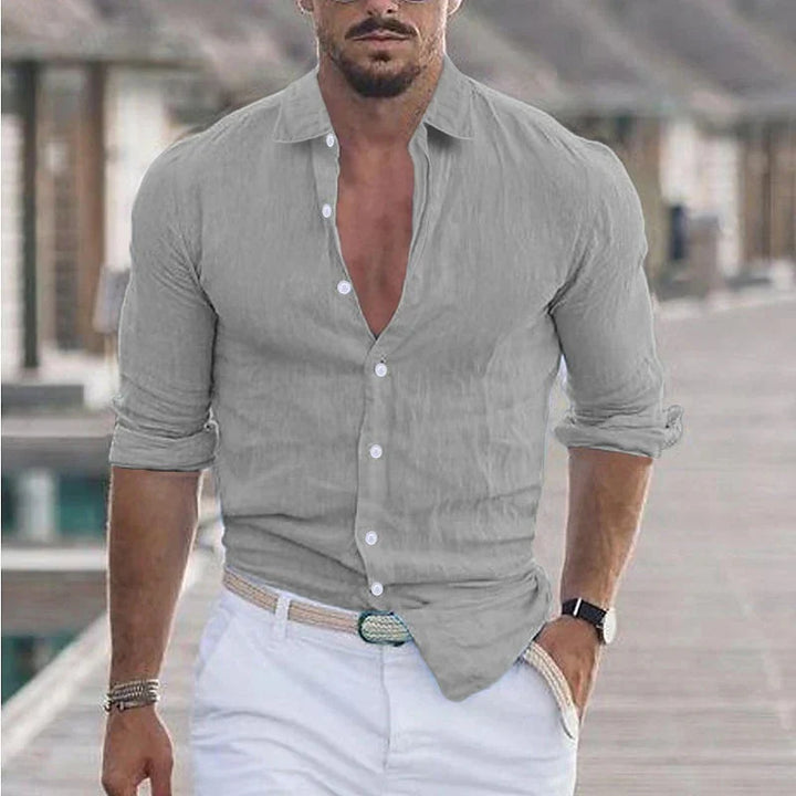 Men's Long Sleeve Button-Up Shirt with Turn-Down Collar