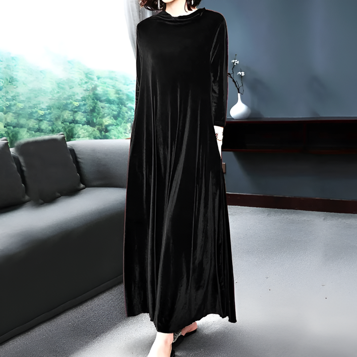 Women’s Velvet Wine-Red Long-Sleeve Dress