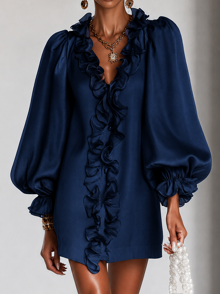 Elegant Mini Dress with Ruffles, Puff Sleeves and Subtle Shimmer