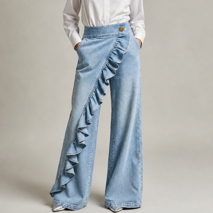 Wide-Leg Women's Jeans with Asymmetric Flounce in Culotte Style.