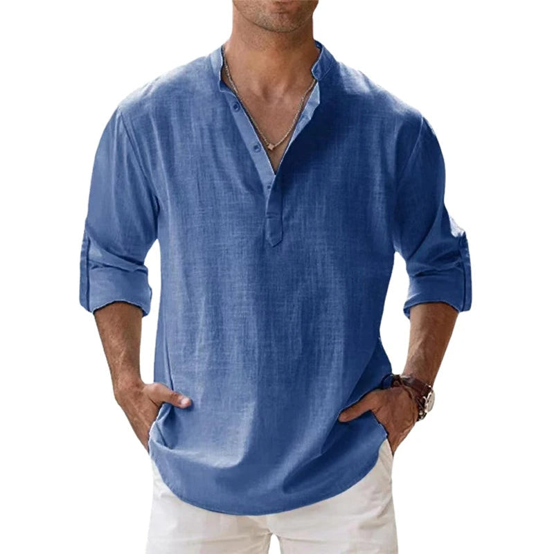 Men's Linen Henley Shirt, Relaxed Button-Placket Top for Summer