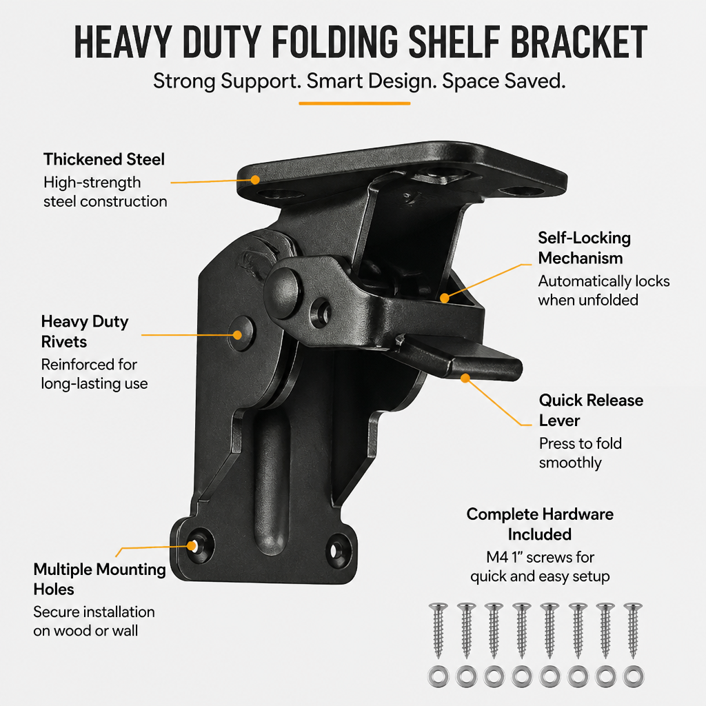 Heavy-Duty Folding Bracket, 500 lb Capacity, Self-Locking Steel, Space-Saving