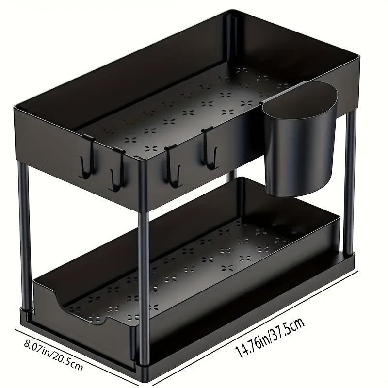 2-Tier Organiser with Hooks and Cup – Smart, Stable Storage System for Under the Sink or Worktop