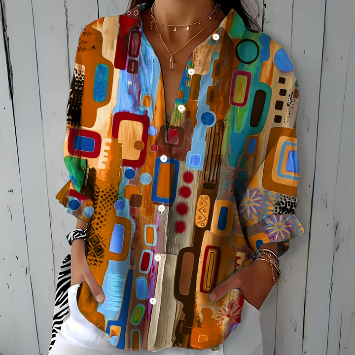 Women's Blouse with Artistically Patterned Button Fastening and Relaxed Fit