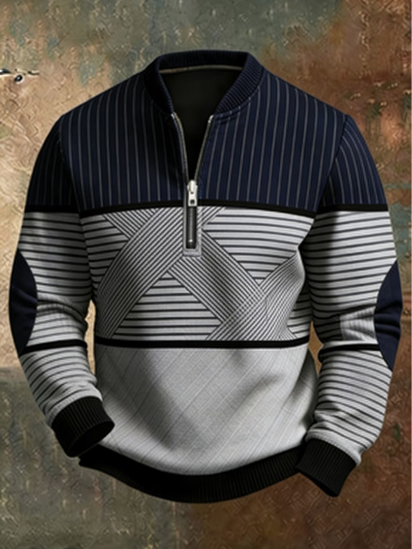 Men's jumper with stand-up collar, graphic pattern and half zip