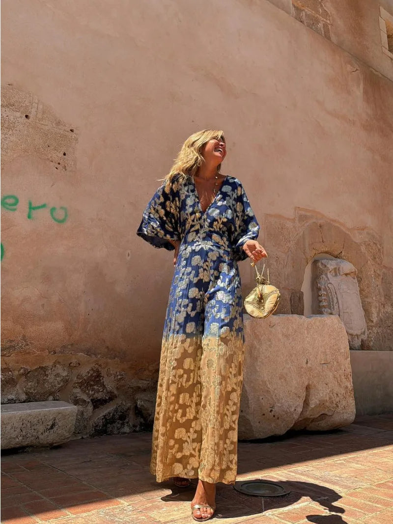 V-Neck Backless Jumpsuit with Gradient Print for Women