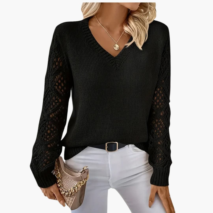 Women's Fine Knit Sweater with V-Neck and Long Sleeves
