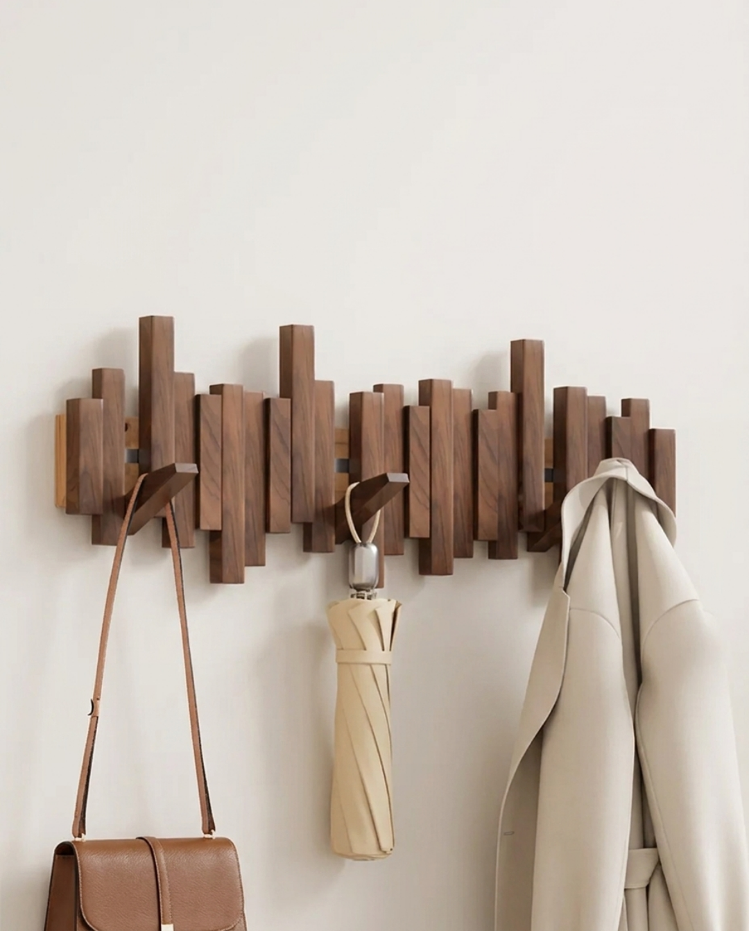 Wooden coat rack with folding magnetic hooks – beech, 3–10 hooks