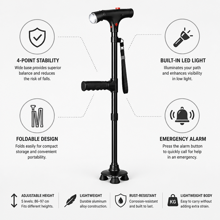 Lightweight Folding Aluminium Walking Stick with 4-Point Base, LED Light and Alarm