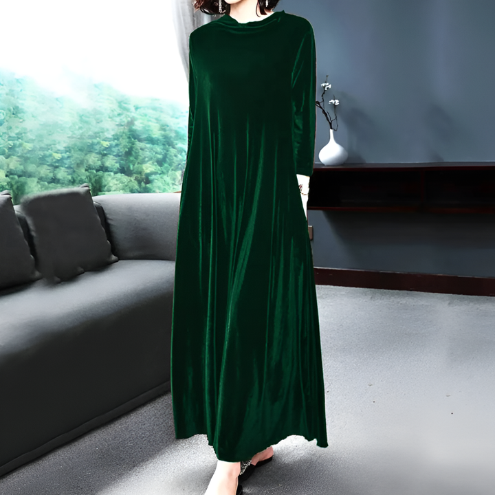 Women’s Velvet Wine-Red Long-Sleeve Dress