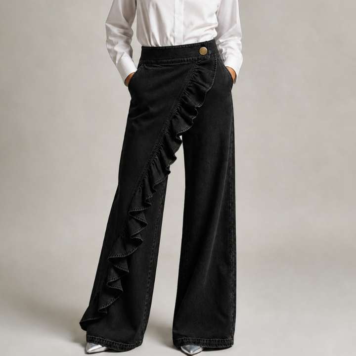 Wide-Leg Women's Jeans with Asymmetric Flounce in Culotte Style.